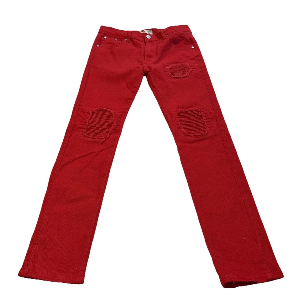 Trestles Boys Youth Skater Moto Jeans Distressed Detail Skinny Size 16 Red Denim